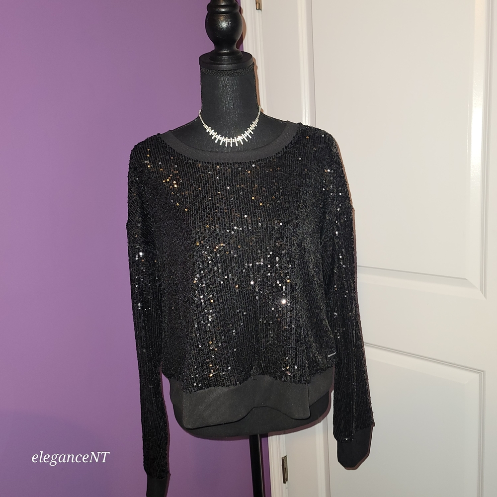 Calvin Klein Jeans Black Sequin Top Sz: L - Picture 6 of 9